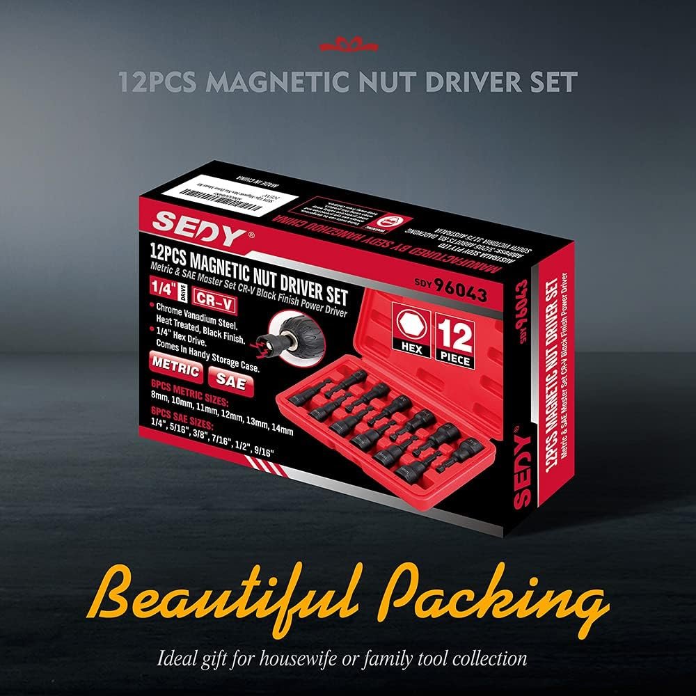 12-Piece Magnetic Nut Driver Set - Premium Impact Power Hex Nut Driver Drill Bit Master Kit, SAE  Metric, 1/4-Inch Quick-Change