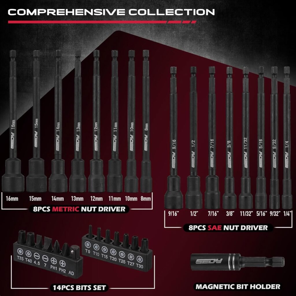 12-Piece Magnetic Nut Driver Set - Premium Impact Power Hex Nut Driver Drill Bit Master Kit, SAE  Metric, 1/4-Inch Quick-Change