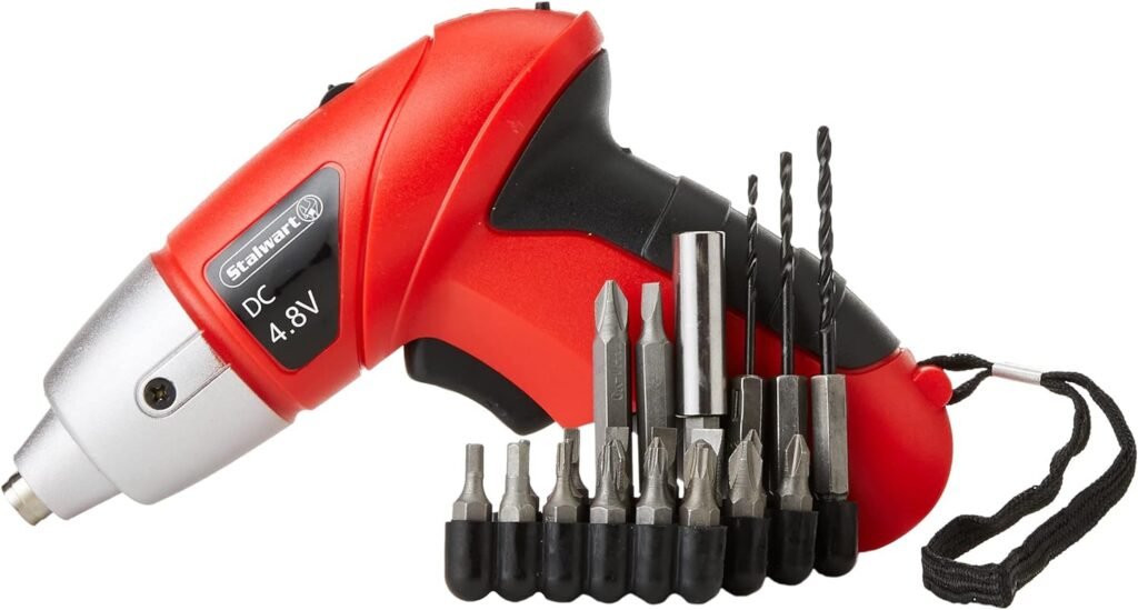 25-Piece Electric Screwdriver Set - Cordless Drill with LED Work Light, Automatic Spindle Lock, and Screw Driver Bits by Stalwart (Red)