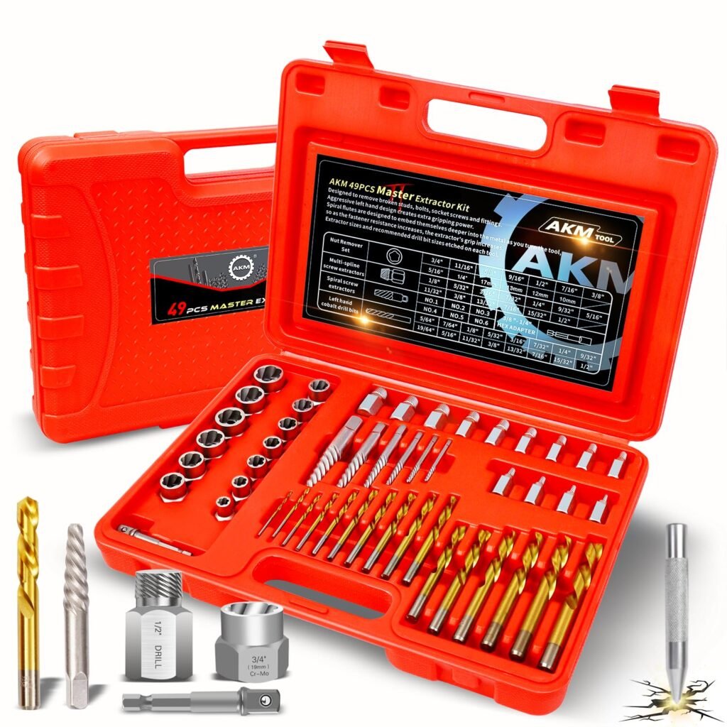 AKM 36PCS Screw Extractor with Drill Bit Set,bolt extractors with Center Hole Punch,Multi-spline Extractors,and Left Hand Drill Bits for Removeing Broken Studs, Bolts, Socket Screws, and Fittings| SAE