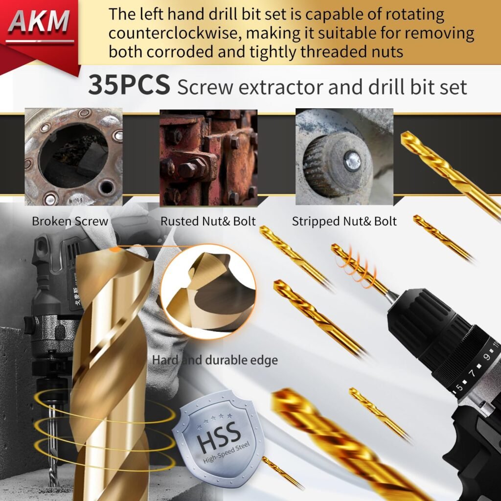 AKM 36PCS Screw Extractor with Drill Bit Set,bolt extractors with Center Hole Punch,Multi-spline Extractors,and Left Hand Drill Bits for Removeing Broken Studs, Bolts, Socket Screws, and Fittings| SAE