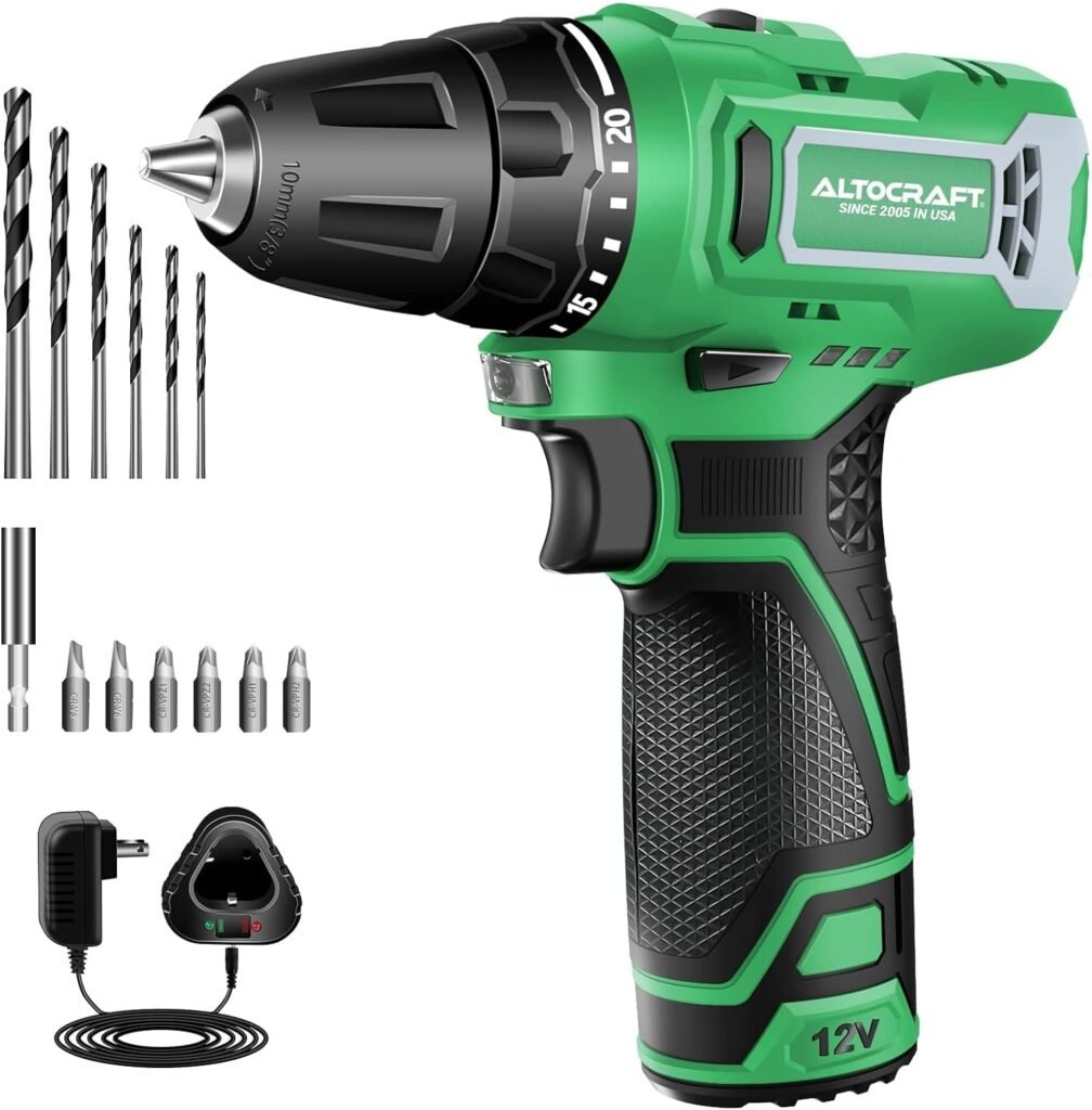 ALTOCRAFT Power Drill Cordless 12V Max,3/8 Small Electric Screwdriver Driver Tool Kit w/Battery  Charger,Keyless Chuck,Variable-Speed,LED Work Light,Compact and Lightweight for DIY Home Use