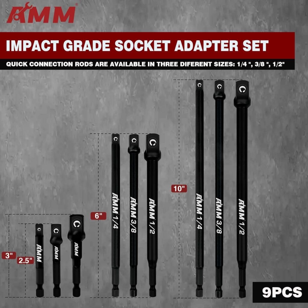 AMM 6-Piece Impact Grade Socket Adapter Set, 3-Inch  6-Inch Power Drill Socket Driver Adaptor, 1/4, 3/8, 1/2 Hex Shank Adapt Your Power Drill To High Torque Impact Wrench