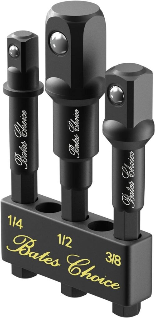 Bates- Impact Socket Adapter Set, 3 PCS, 1/4, 3/8 and 1/2, with Holder, Socket Adapter Set, Impact Socket Adapter, Socket Adapter Set, Socket Adapter for Drill, Impact Driver Socket Adapter