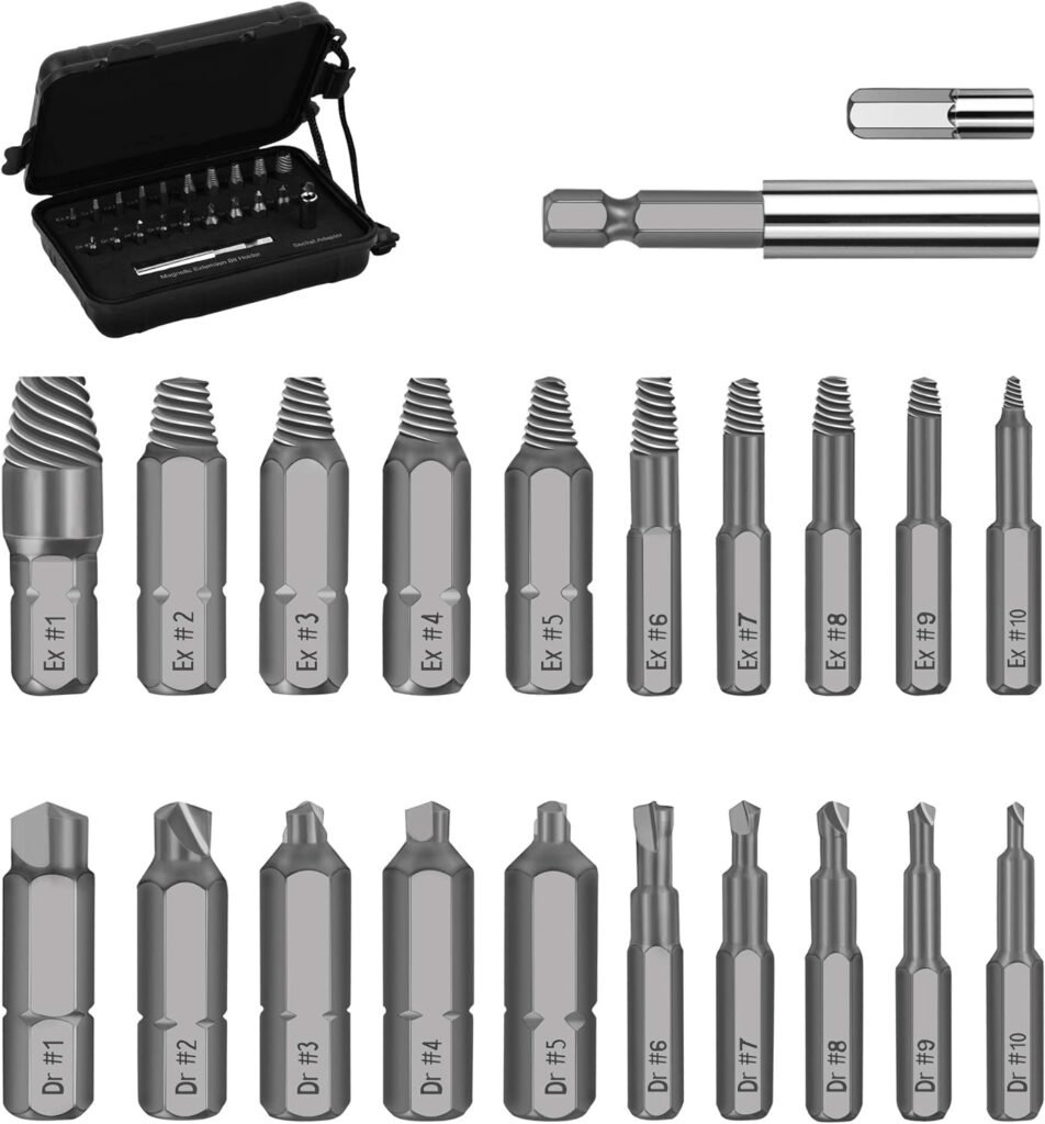 Be91eiter Damaged Screw Extractor Set, 22 PCS Stripped Kit for Broken Bolt All-Purpose HSS Remover Set with Magnetic Extension Bit Holder  Socket Adapter, Silver