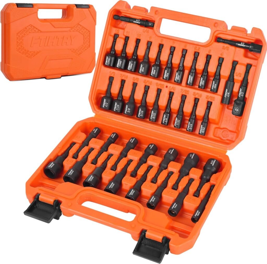 FTIHTRY 39Pcs Magnetic Nut Driver Set for Impact Drill, Metric  SAE Magnetic Impact Drill Driver Bit, 1/4 Hex Shank, Fully Magnetic Hex Nut Driver Drill Bit Master Kit