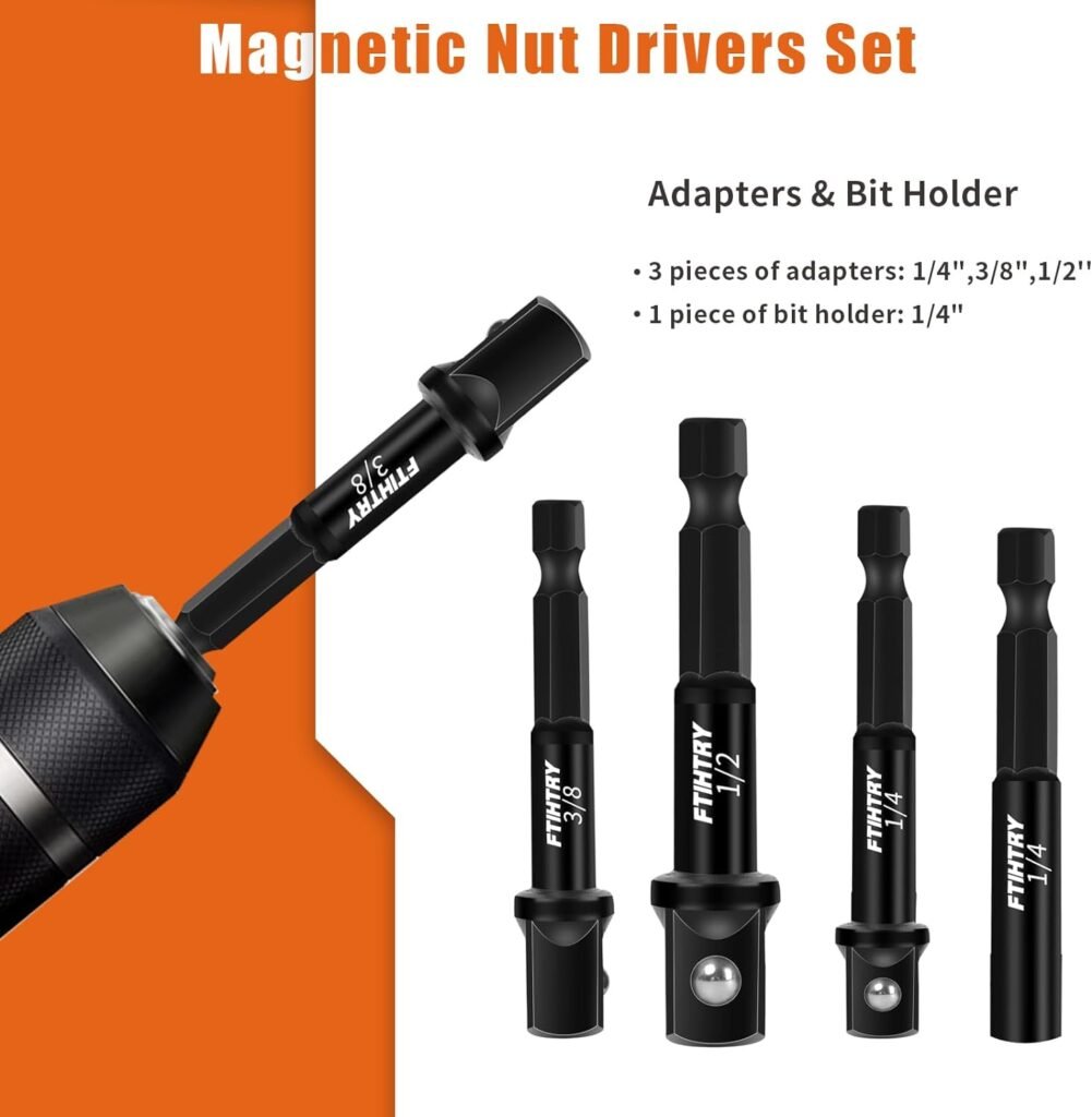 FTIHTRY 39Pcs Magnetic Nut Driver Set for Impact Drill, Metric  SAE Magnetic Impact Drill Driver Bit, 1/4 Hex Shank, Fully Magnetic Hex Nut Driver Drill Bit Master Kit