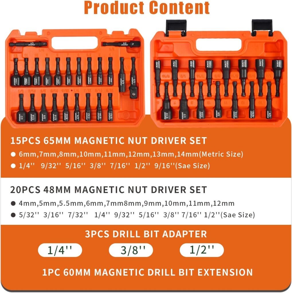 FTIHTRY 39Pcs Magnetic Nut Driver Set for Impact Drill, Metric  SAE Magnetic Impact Drill Driver Bit, 1/4 Hex Shank, Fully Magnetic Hex Nut Driver Drill Bit Master Kit