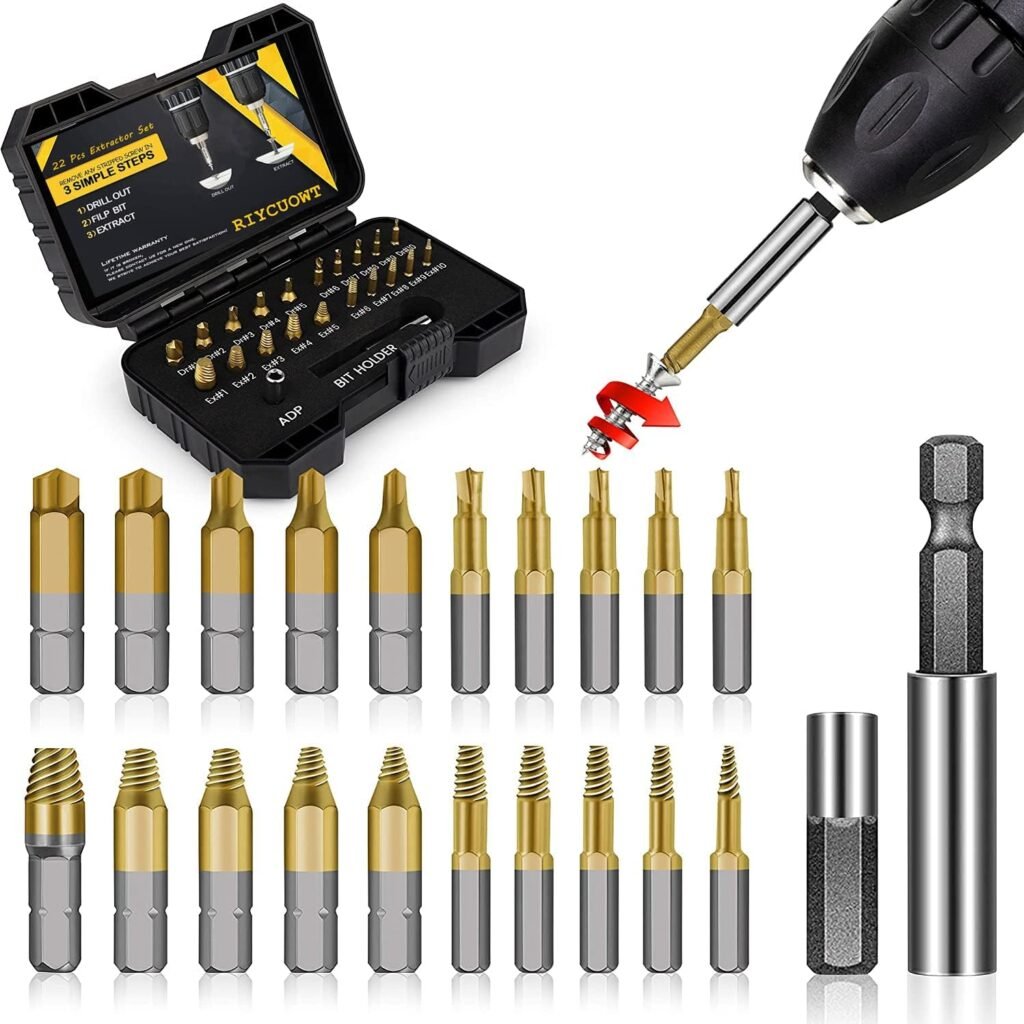 Gifts for Men, 22Pcs Titanium Damaged Screw Extractor Set - Remover for Stripped Head Screws Nuts  Bolts Drill Bit Tools for Easy Removal of Rusty  Broken Hardware High Speed Steel Superb Gift