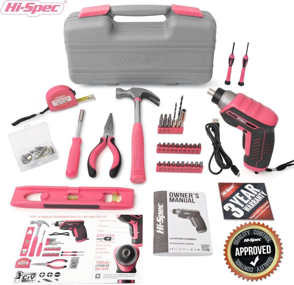 Hi-Spec 58pc Pink 8V USB Electric Drill Driver  Household Tool Kit Set With Variable Speed DIY Cordless Power Screwdriver