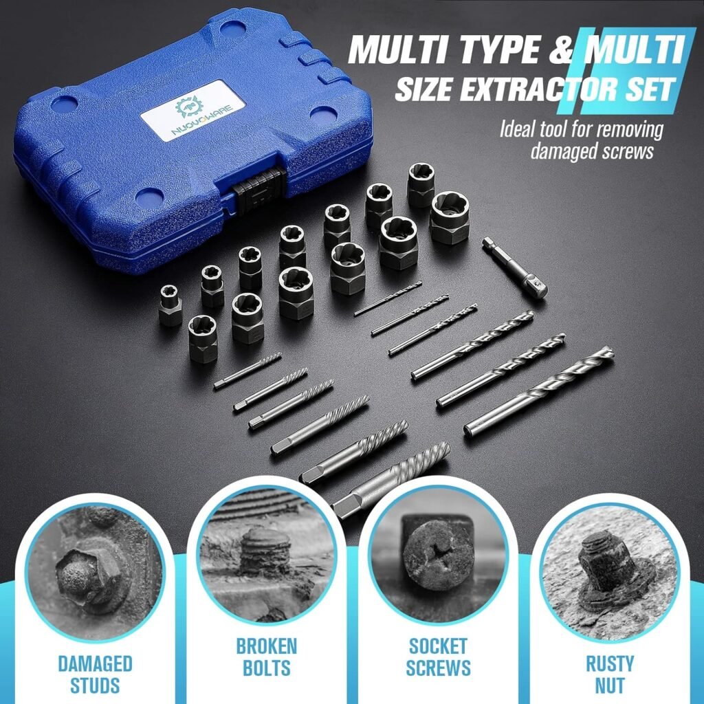 Nuovoware Damaged Screw Extractor Set, 22 PCS Easy Out Stripped Screw Extractor Kit, All-purpose HSS Broken Screw Remover Set with Magnetic Extension Bit Holder  Socket Adapter