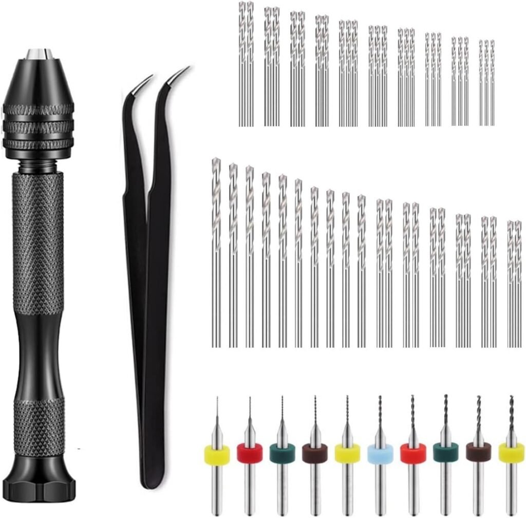 Seamaka 60PCS Vise Hand Drill Bits Set,Include Pin Vise Hand Drill,10PCS PCB Mini Drill Bits(0.3-1.2mm),48 Pieces Micro Twist Drill Bits(0.5-3mm) and Elbow Tweezers,for Resin,Jewelry Making O-061