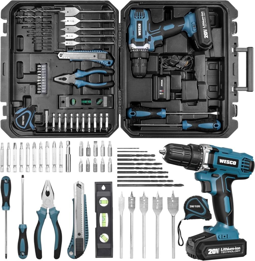 WESCO Cordless Drill Tool Kit, 20V Electric Screwdriver, Power Tools with 44pcs Drill Set, Cordless Screwdriver With 21+1 Torque Settings, Electric Drill Driver Set Electrician Hand Home Tool Kit