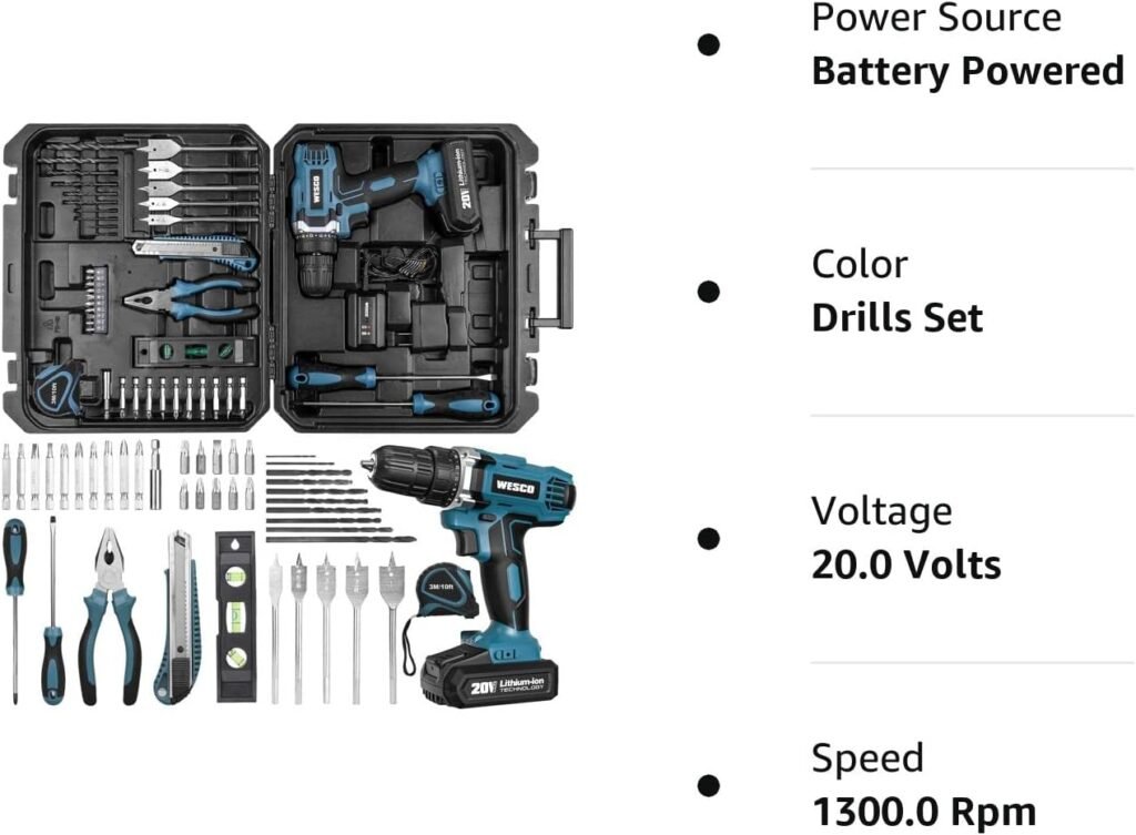 WESCO Cordless Drill Tool Kit, 20V Electric Screwdriver, Power Tools with 44pcs Drill Set, Cordless Screwdriver With 21+1 Torque Settings, Electric Drill Driver Set Electrician Hand Home Tool Kit