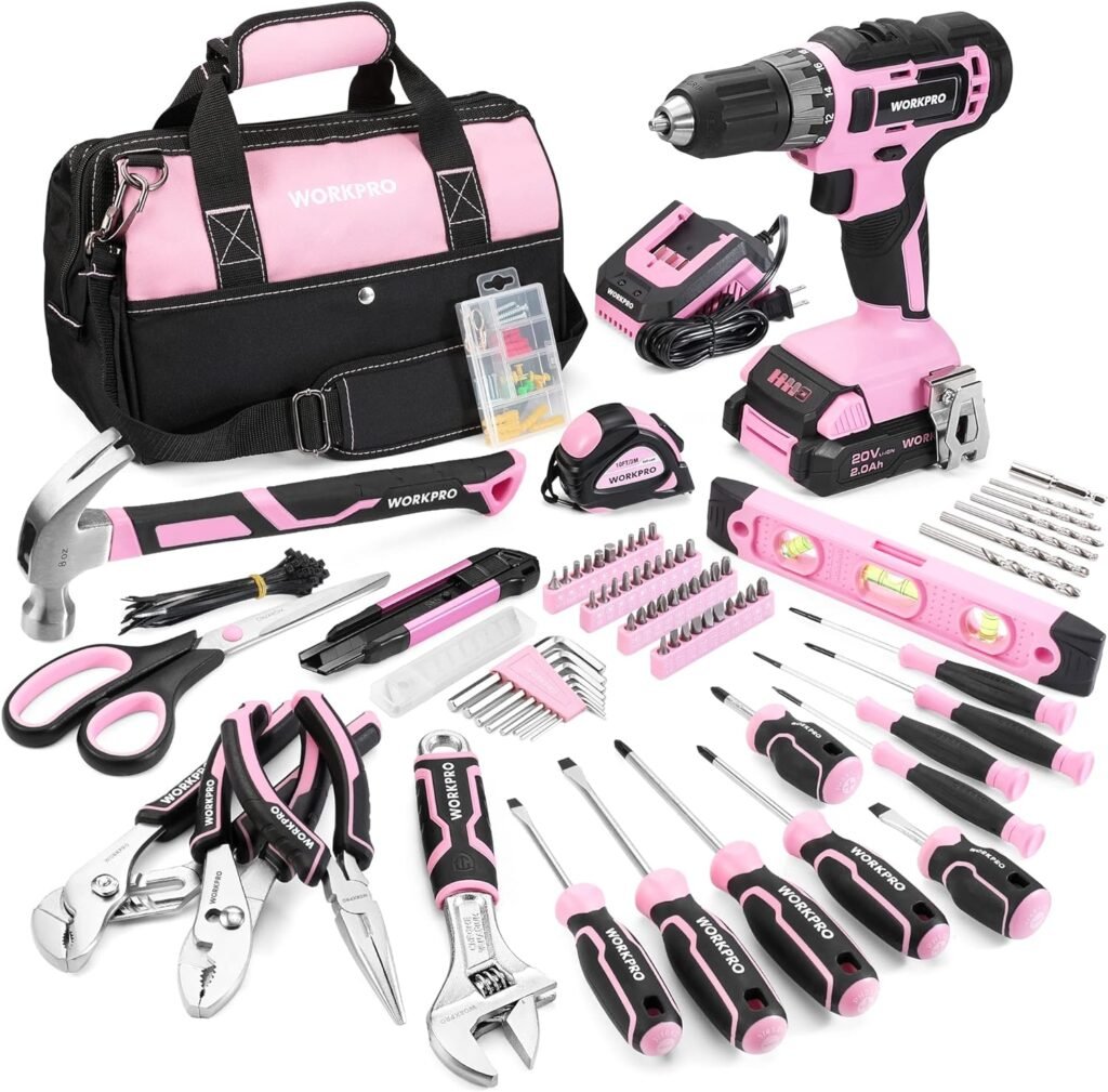 WORKPRO Pink Household Tool Kit with Drill, 157PCS Tool Set with 20V Cordless Lithium-ion Drill Driver, Home Tool Kit for All Purpose, Power Drill Sets with Pink Tool Bag - Pink Ribbon