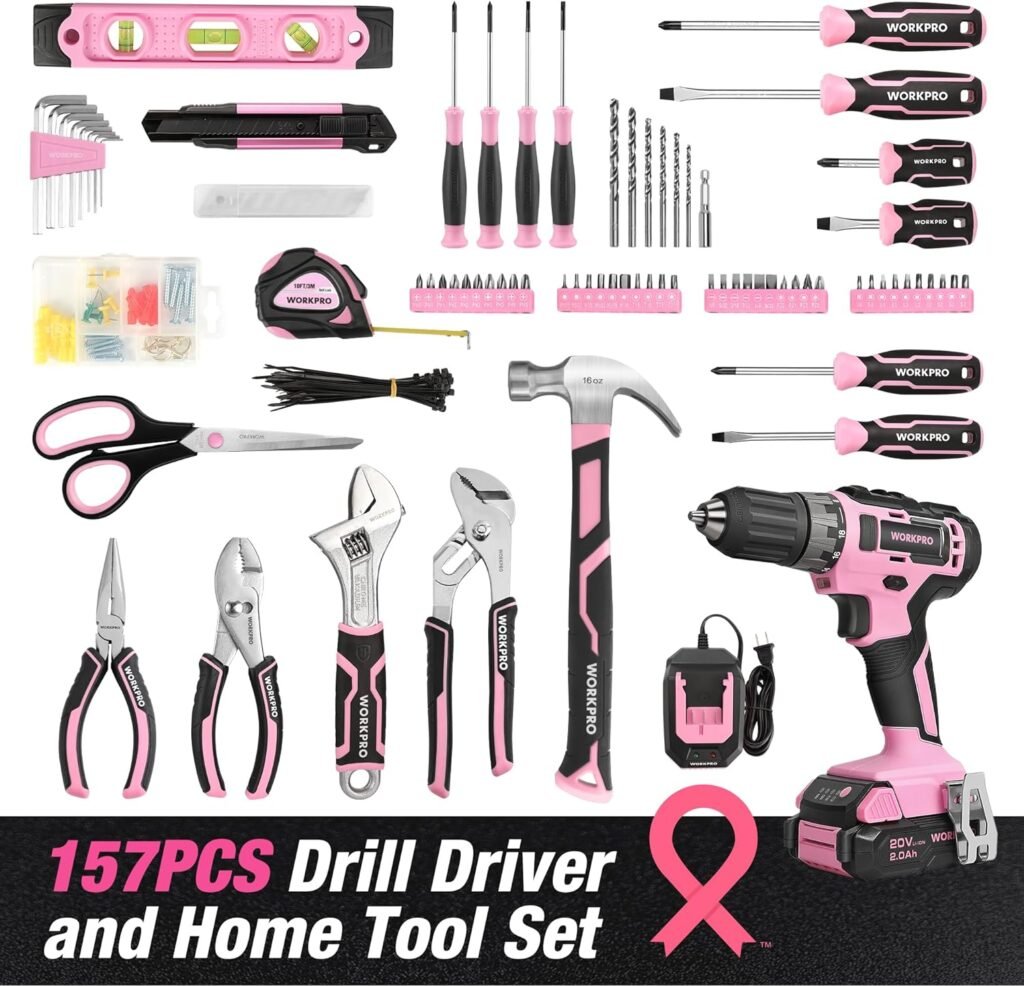 WORKPRO Pink Household Tool Kit with Drill, 157PCS Tool Set with 20V Cordless Lithium-ion Drill Driver, Home Tool Kit for All Purpose, Power Drill Sets with Pink Tool Bag - Pink Ribbon