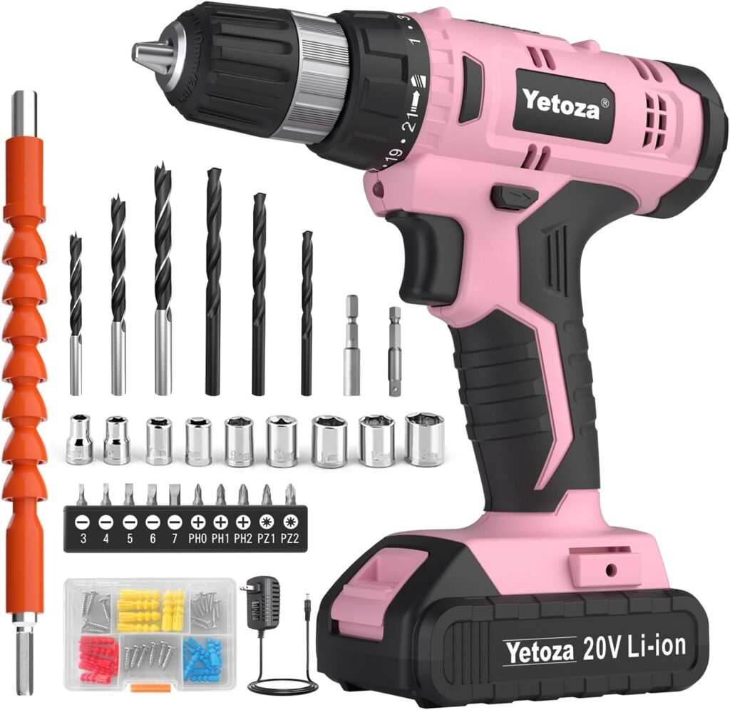 Yetoza Cordless Drill Set,Compact Driver/Drill Bits,20V Lithium lon Power Drill Set,3/8-Inch Keyless Chuck, Battery and Charger Included with LED Work Light 21+1 Torque Setting, Hand drill （Pink）