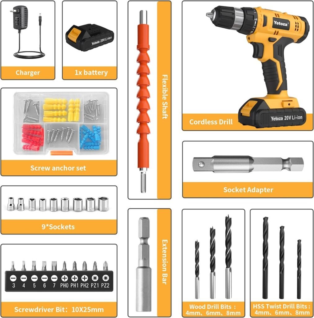 Yetoza Cordless Drill Set,Compact Driver/Drill Bits,20V Lithium lon Power Drill Set,3/8-Inch Keyless Chuck, Battery and Charger Included with LED Work Light 21+1 Torque Setting, Hand drill （Pink）