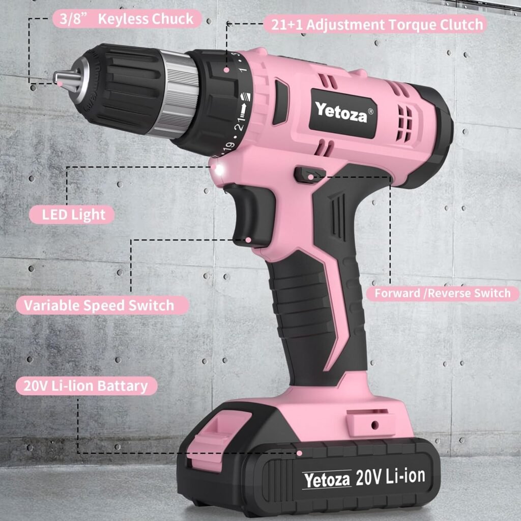 Yetoza Cordless Drill Set,Compact Driver/Drill Bits,20V Lithium lon Power Drill Set,3/8-Inch Keyless Chuck, Battery and Charger Included with LED Work Light 21+1 Torque Setting, Hand drill （Pink）