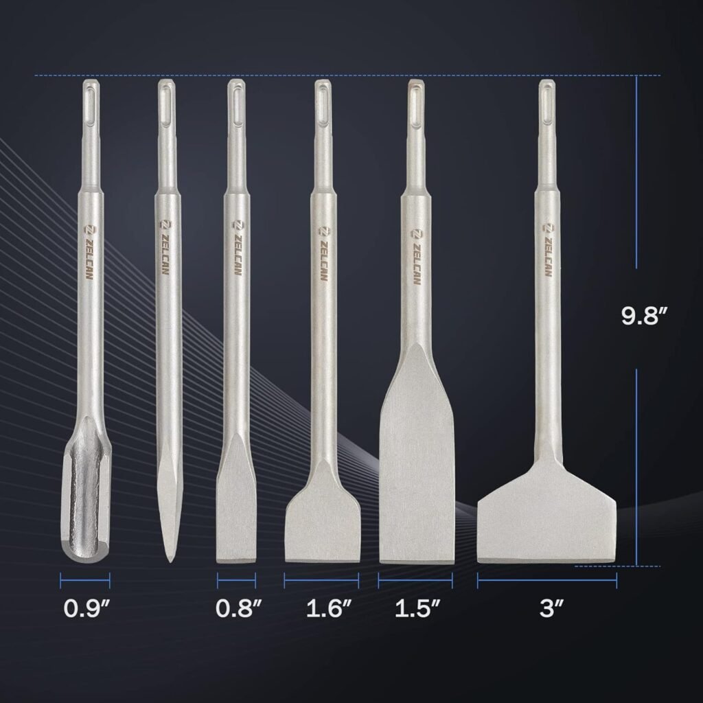 ZELCAN Chisel Set with SDS Plus Shanks, 6pc Masonry Concrete Drill Bit Set, Tile Grooving Scraping Flat Point Scaling Chisels 40Cr Steel Rotary Hammer Drill Tool Kit SDS Plus Bits for Home Improvement